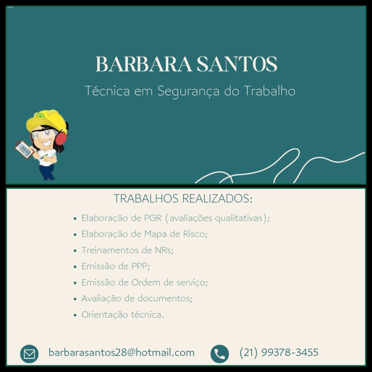 BabiSantosSilva's tweet photo. Estou divulgando meu cartão de visita para divulgar alguns dos trabalhos que realizado na área de Segurança do Trabalho.
#segurançadotrabalho
#PGR
#esocial
#Mapaderisco
#Normaregulamentadora
#Orientaçãotécnica
#Trabalho
#Saudeesegurança
#MeioAmbiente https://t.co/eFPy3RPnfI