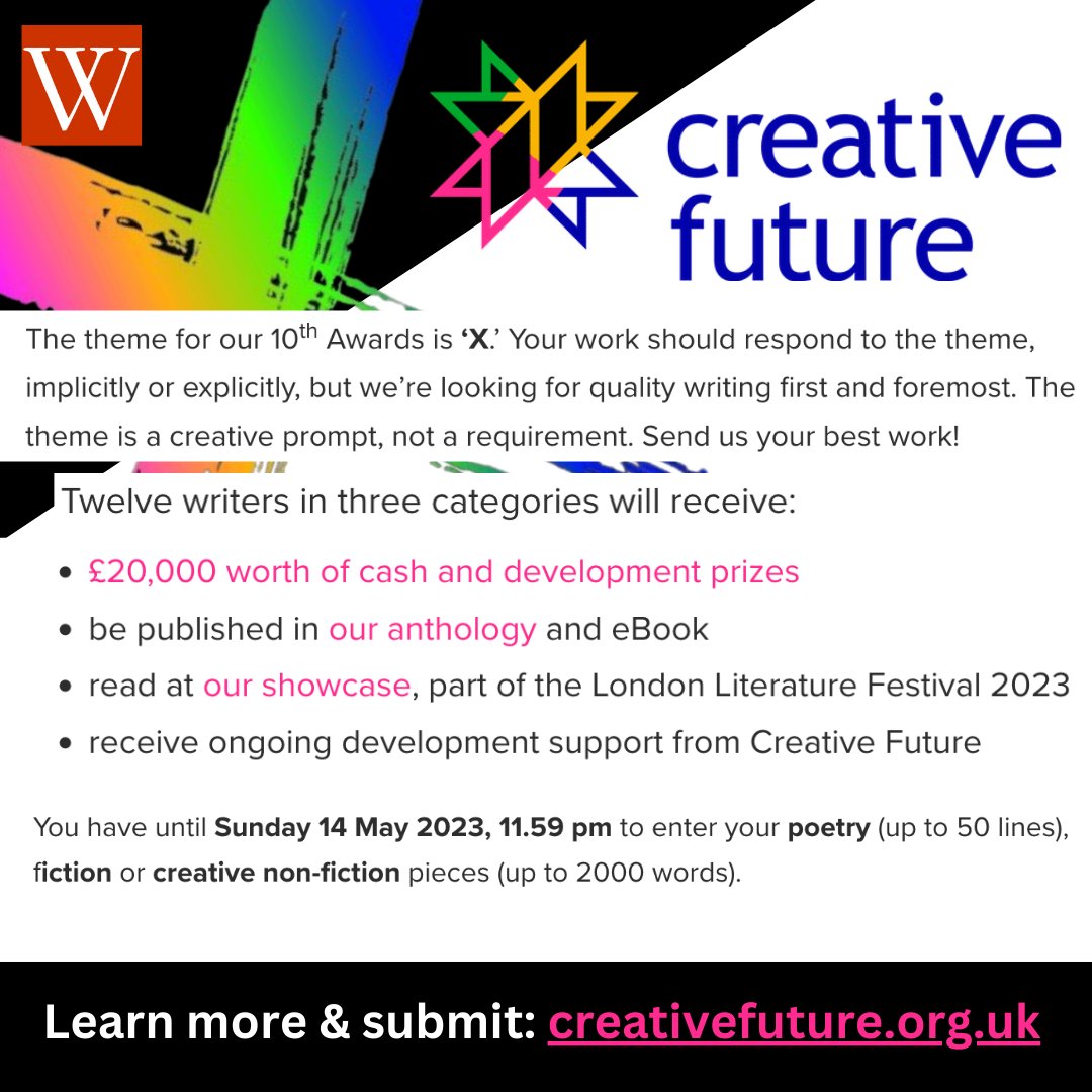 Deadline May 14: 2023 Writers' Award sponsored by Creative Future. Submit poetry, fiction, & creative nonfic up to 2000 wds/50 lines to win £75, publication, & more. No fee. creativefuture.org.uk  @CreativeF_uture
 #getpublished #poetrycontest #essaycontest #writersofinstagram