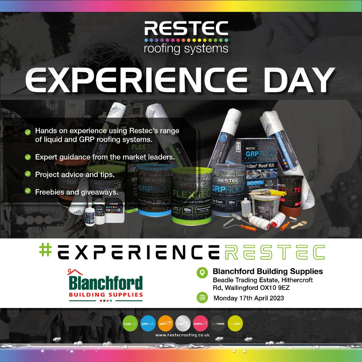RestecRoofing's tweet photo. In a week's time our experts will be at Blanchford Building Supplies, Wallingford demonstrating the best liquid roofing products on the market! ⭐
Speak to your local stockist about upcoming events or get in touch to find out more📱
#TrainRestec #ExperienceRestec #Flexitec2020 https://t.co/z8Mi1qgS0U