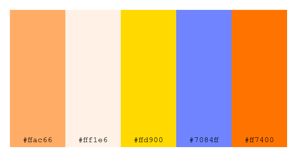 ColPaletteBot's tweet photo. Beep beep, here's a pretty color palette for you! 

color-scheme.js parameters used: 
- hue: 248
- variation: hard
- colors: #ffac66, #fff1e6, #ffd900, #7084ff, #ff7400

Have a lovely day!

#twitterbot #colorpalette #colors #palette #prettycolors https://t.co/AK3AsyVsQl