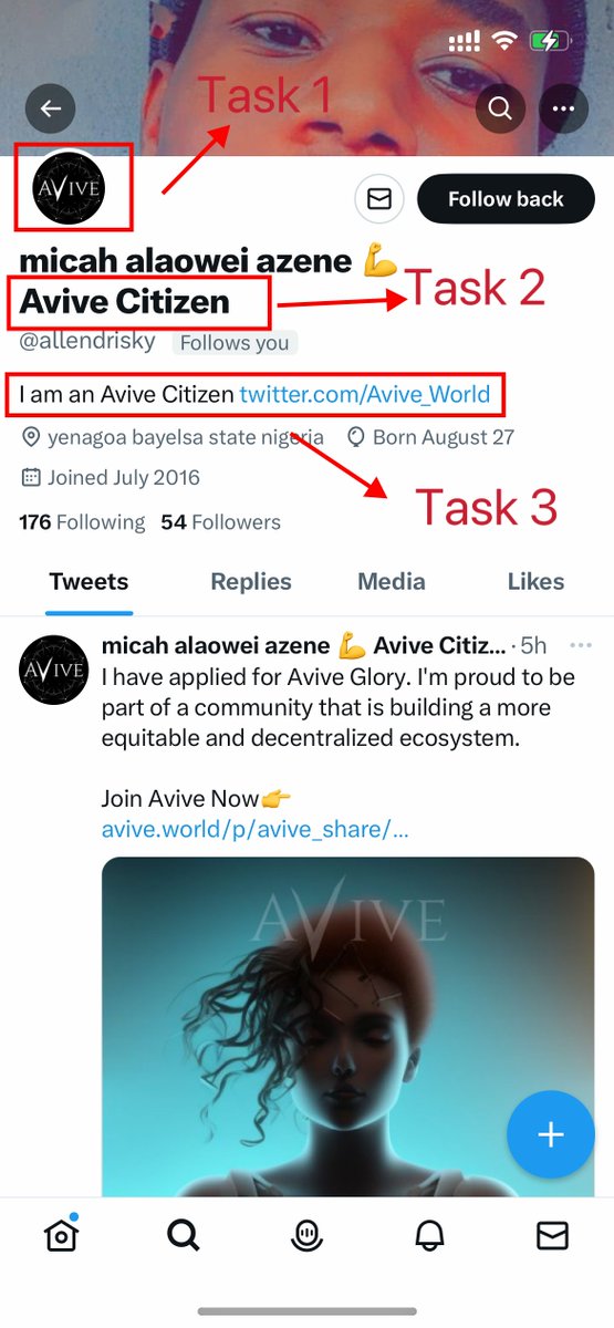 Hi #AviveCitizens

🧬Make Sure You Have Done All Three Tasks When Applying For #AviveGlory

🧬Otherwise, You Won't Be Qualified For The Application.

💫We Shall Announce The Lucky Ones Soon!

👇Check Pic Below For an Example