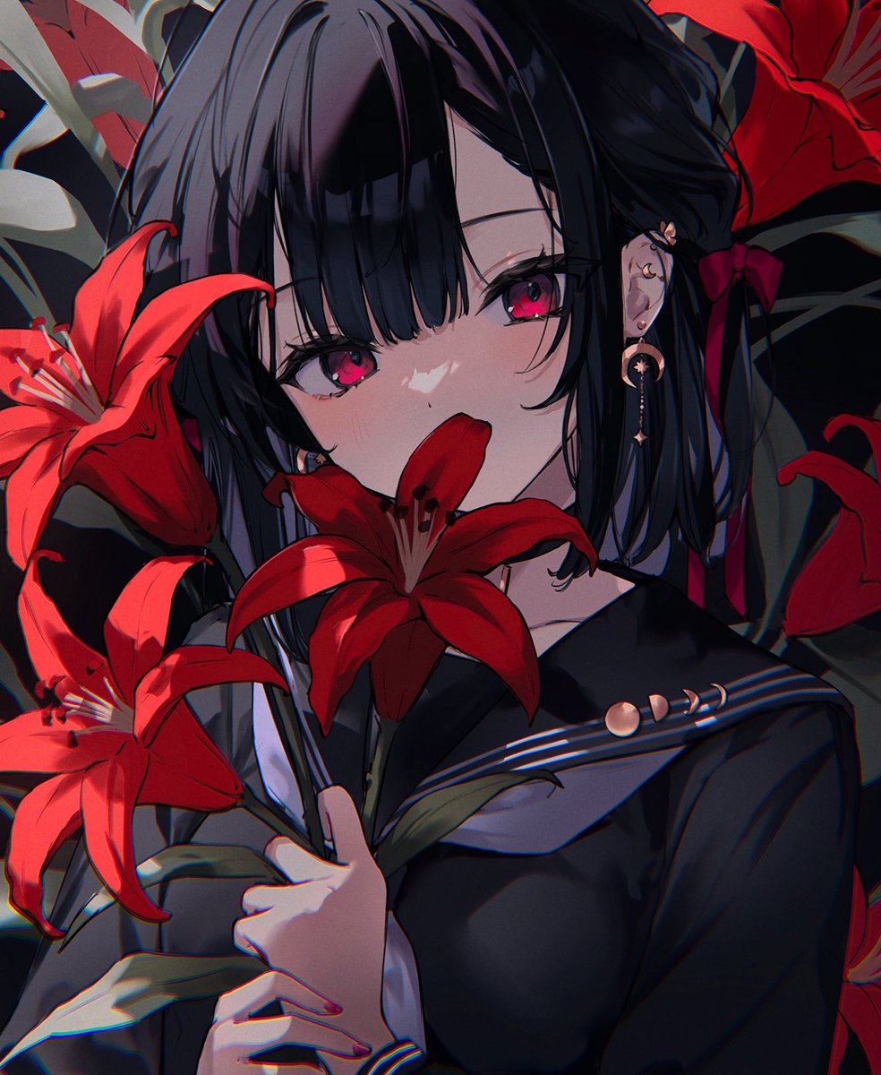 1girl flower solo red eyes black hair holding earrings  illustration images
