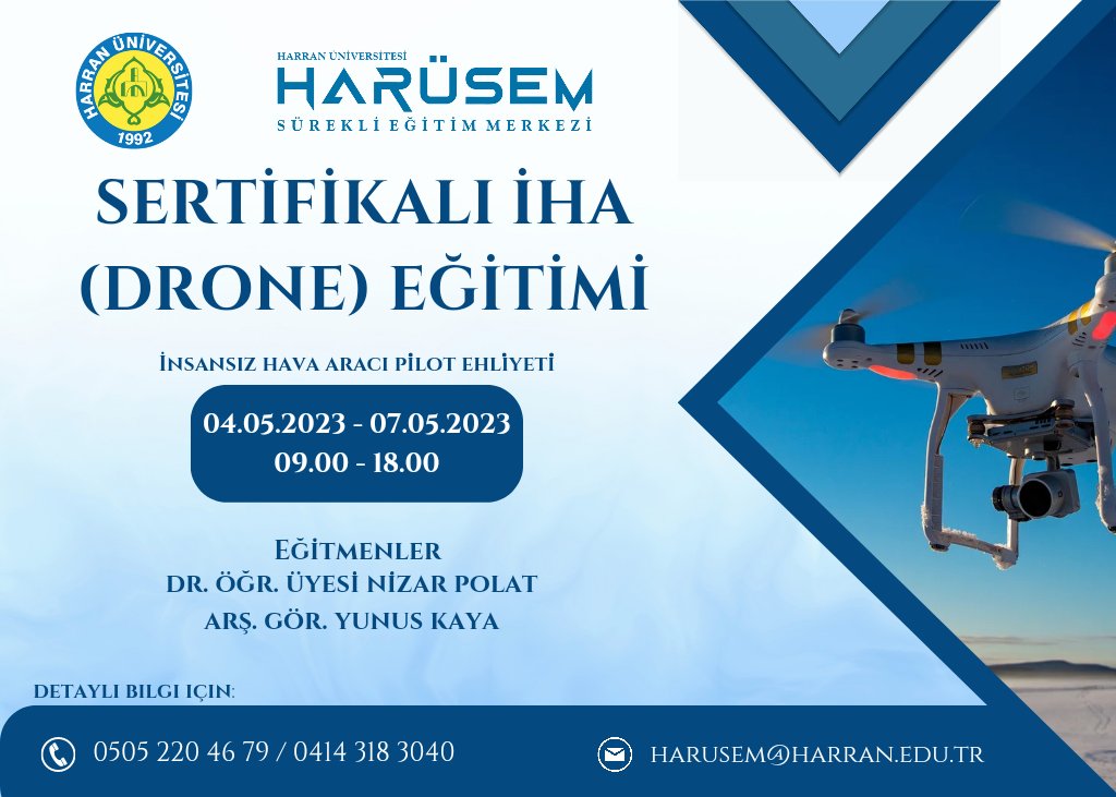 Sivil Havacılık Genel Müdürlüğü tarafından onaylanan HARÜSEM  İHA – 0 ve İHA – 1 eğitimlerimiz Dr. Ögr. Üyesi Nizar POLAT ve Arş. Gör. Yunus KAYA eğitmenliğinde 04-07 Mayıs tarihlerinde yapılacaktır. 

Linkten kayıt yapabilirsiniz. 
forms.gle/M21Pc6okCxSWZb…