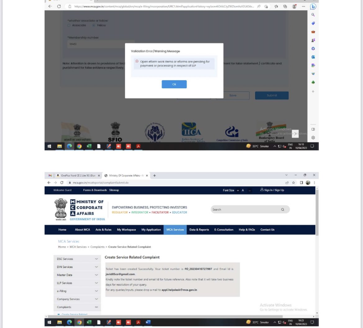 javid85co's tweet photo. @HelpdeskMCA21V3 @MCA21India @MCA21Services 

Form Spice has been filed couple of weeks before and got resubmission however not able to resubmit URC 1 as option is not activated and getting error. Do the needful. Ticket raised via  FO_20230410727997 https://t.co/j2cRHLC7Kp