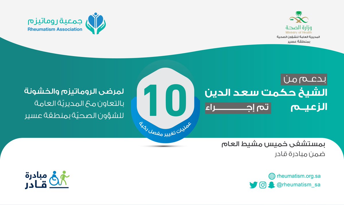 بدعم من #الشيخ_حكمت_سعدالدين_الزعيم
تم إجراء 10 عمليات تغيير مفصل ركبة لمرضى الروماتيزم والخشونة بالتعاون مع المديريّة العامة للشؤون الصحيّة بمنطقة عسير <a href="/assirhealth/">فرع وزارة الصحة بمنطقة عسير</a> بمستشفى خميس مشيط العام ضمن #مبادرة_قادر
<a href="/emartasir/">إمارة منطقة عسير</a>
<a href="/SaudiMOH/">وزارة الصحة السعودية</a> 
<a href="/ncnp_sa/">المركز الوطني لتنمية القطاع غير الربحي</a> 
<a href="/hsc_ngos/">المجلس التخصصي للجمعيات الصحية</a>