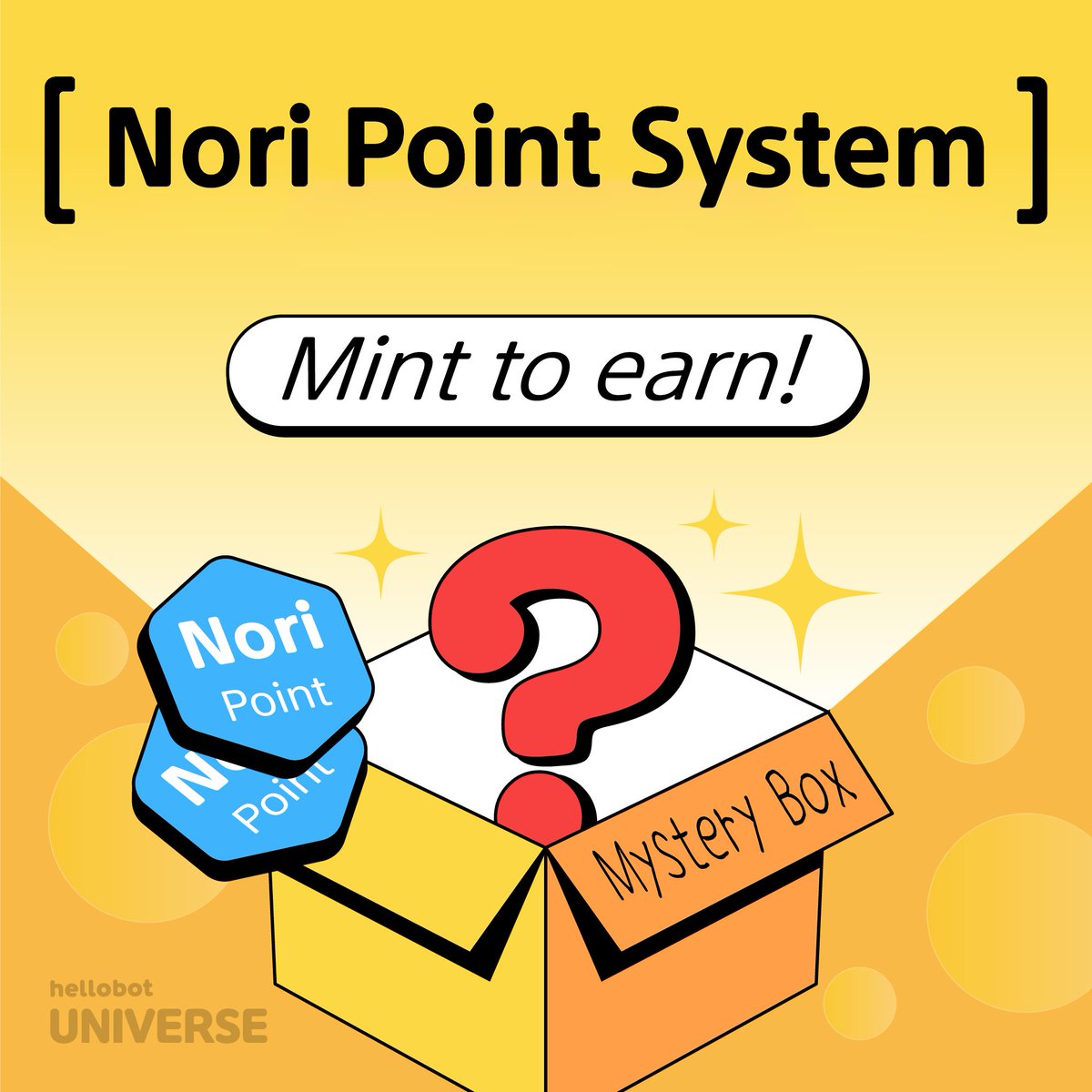 [🎉Auction/Mint Event]
The mint and auction participants, including public bidders, OG and WL, will receive NORI POINTS per BID and MINT. After minting, holders who have points and Hellobot NFTs will be eligible for a MYSTERY BOX that includes various digital assets (NFT or ETH).