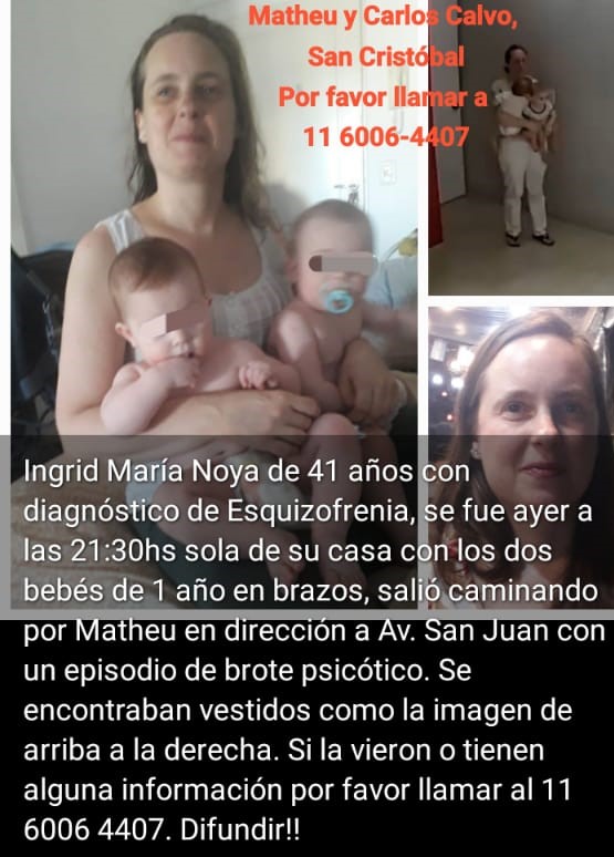 desaparecidaorg's tweet photo. #URGENTE BÚSQUEDA EN TIEMPO REAL #CABA Ingrid María Noya tiene 41 años, desapareció el 9/4 en el barrio San Cristobal, ciudad de Buenos Aires. Fue vista caminando con sus dos bebés a las 21:30 hs. en la calle Matheu hacia la Av. San Juan. Avisar #URGENTE al 11-60064407, o 911 https://t.co/eU20qHMwX8