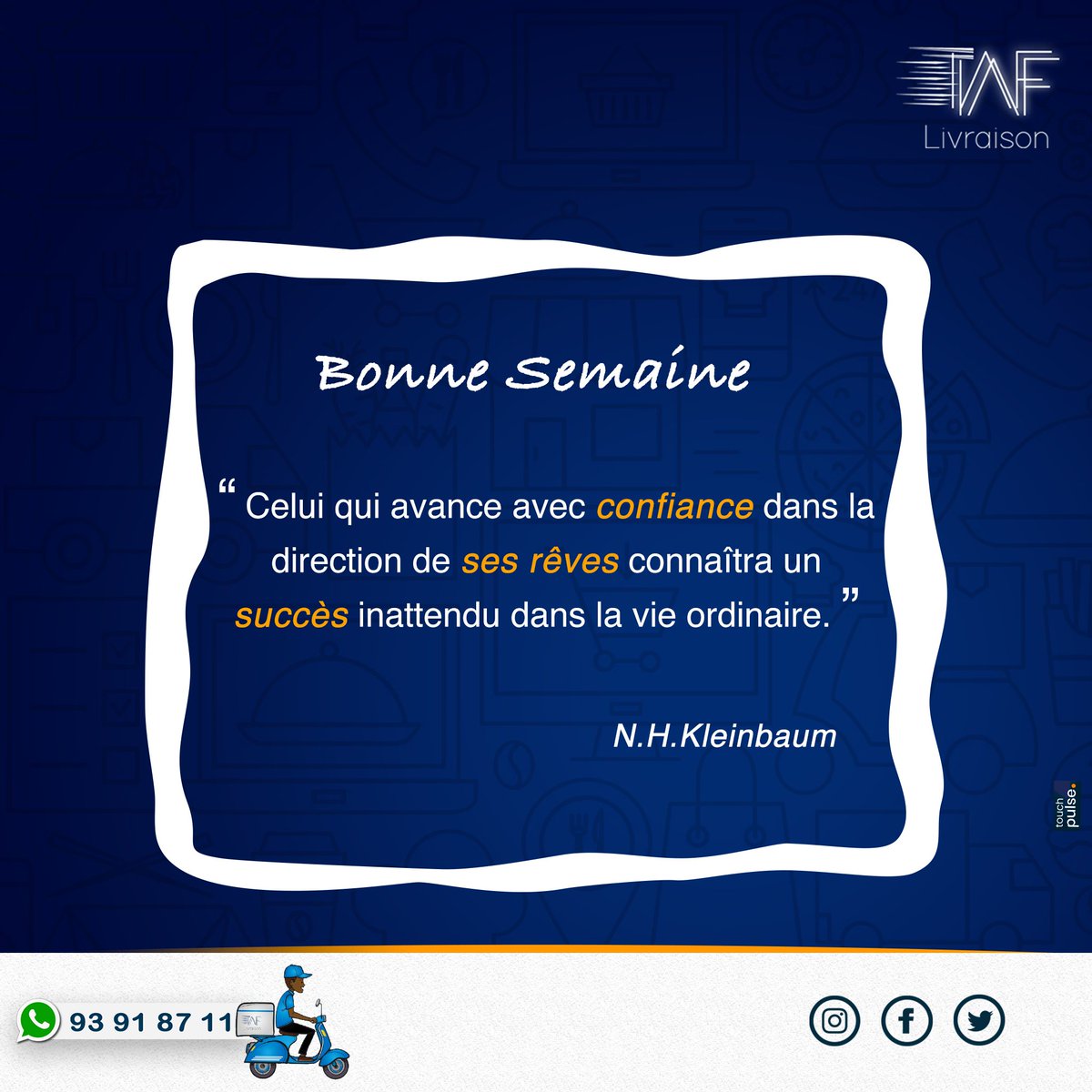 #BonneSemaine 🗓️

Nous vous souhaitons une agréable semaine en compagnie de nos services de livraison, courses et logistiques 🛵. 

Contactez-nous en un seul clic wa.link/ctv7nn ou appelez le 80071725.

#livraisonrapide