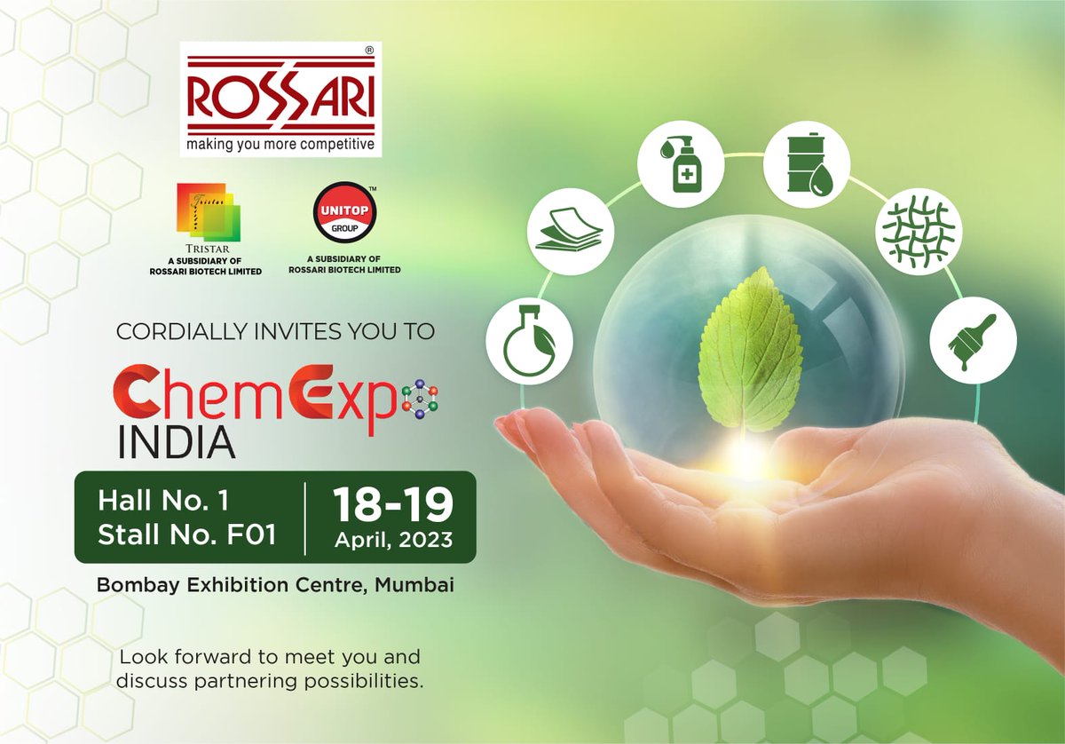 RossariB's tweet image. Rossari Biotech is participating in #ChemExpo India 2023!
Looking forward to meeting our associates and supporters at our stall.
#rossari #rossaribiotech #tristar #unitop #chemical #chemicalsolutions #chemicalindustry #sustainable  #chemexpoindia #chemistry  #technologies #event