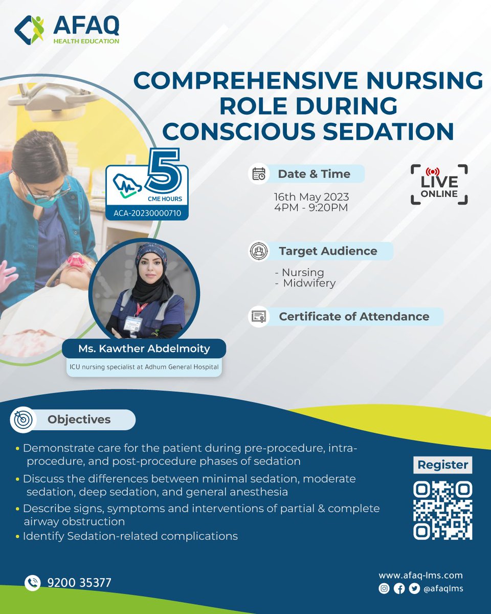 AfaqLms's tweet photo. ✨دور التمريض الشامل أثناء التخدير الواعي
👩⚕️بتقديم أخصائية تمريض العناية المركزة أ/ كوثر عبد المعطي
✅معتمدة ب5 CME
🗓️16 مايو 2023
🖥️سجل الآن: https://t.co/3fNUWnuI4E
#AFAQLMS #ICU_NURSING https://t.co/Acq2r8J2Jk