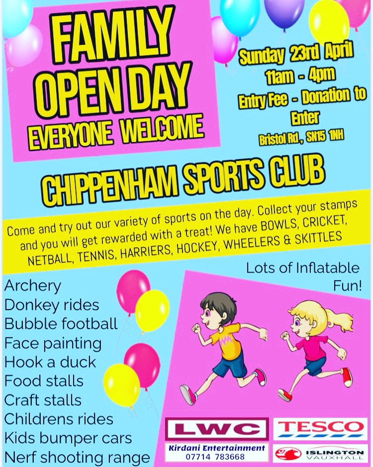 Family Open Day. Sports to try out for FREE! Lots of fun and games!!! #fitness #fitnessmotivation #healthylifestyle #sports #exercise @chippenhamcc @ChippHarriers @ChippNetball @Chippenham_HC @chipwheelers @chippenhamtc @SWDodgeUK @SheilaWellbeing