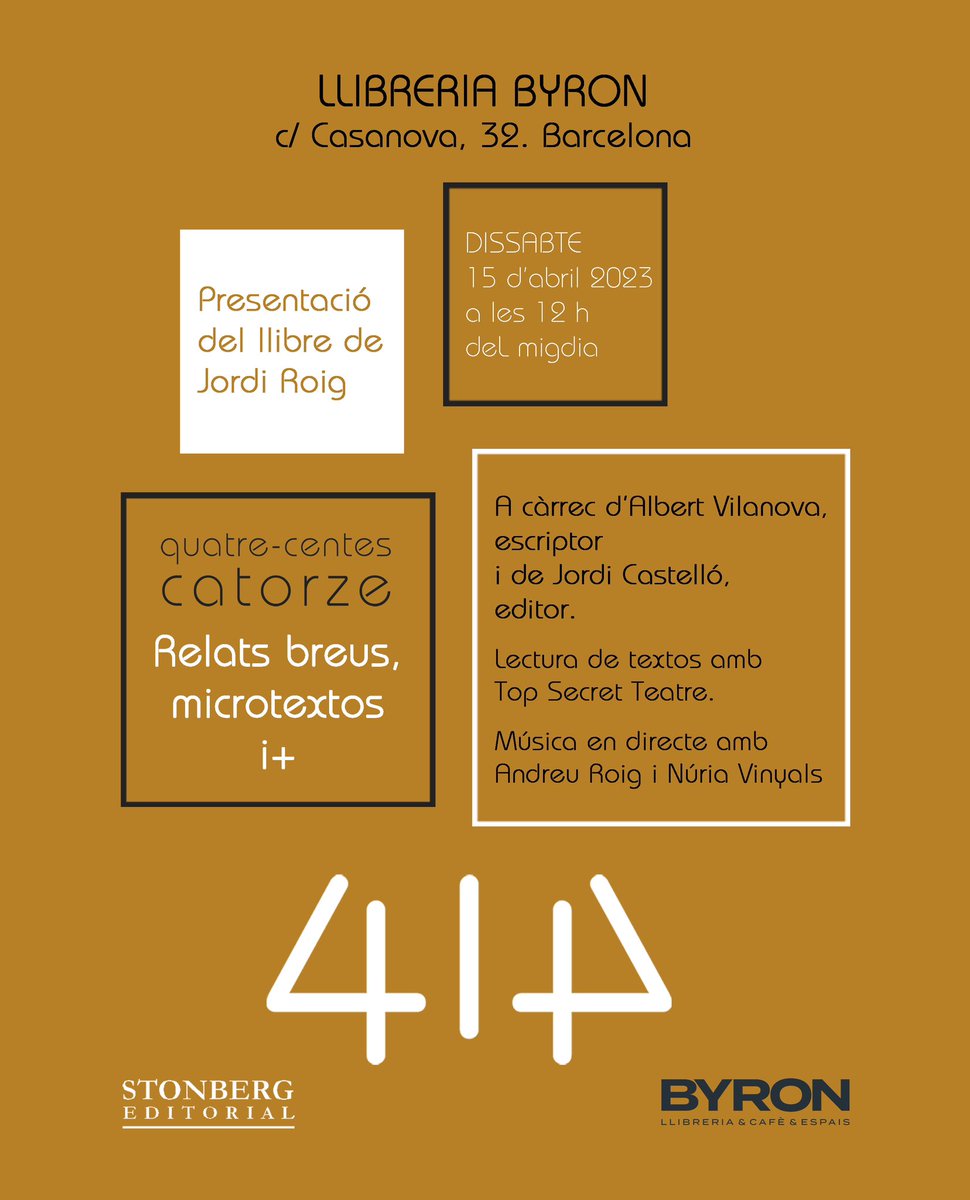 Jordi Roig Pi (@jordiroigpi) on Twitter photo Presentació de 414 a Barcelona. <a href="/byronllibreria/">Llibreria Byron</a> @Stonberg. Si podeu i us ve de gust, ens encantaria que vinguessiu. #relats #microtextos Presentació de 414 a Barcelona. <a href="/byronllibreria/">Llibreria Byron</a> @Stonberg. Si podeu i us ve de gust, ens encantaria que vinguessiu. #relats #microtextos