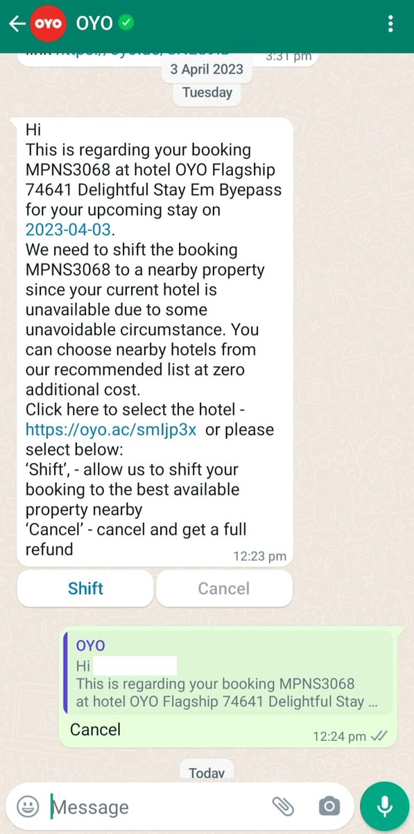 jayatesatyamev2's tweet image. #oyofraud #oyoscam #oyorooms
But unfortunately the Flagship Delightful Hotel, Kolkata refused to check-in also. Told #oyo didn't inform us regarding Hotel change. Also #oyo sent same the on WhatsApp on 03.04.23. So we choose Cancel to get full refund.
@oyorooms @OYO4U @riteshagar