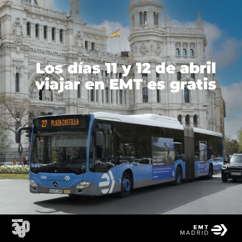 EMTmadrid's tweet photo. El ayuntamiento de @MADRID vuelve a activar la gratuidad en nuestros autobuses 🚍 tras la #SemanaSanta.

Viajar será gratis, excepto en la Exprés Aeropuerto, desde las 00:00h del martes 11 hasta las 23:59h del miércoles 12 de abril.

#MovilidadSostenible https://t.co/qxv4ga6G3h