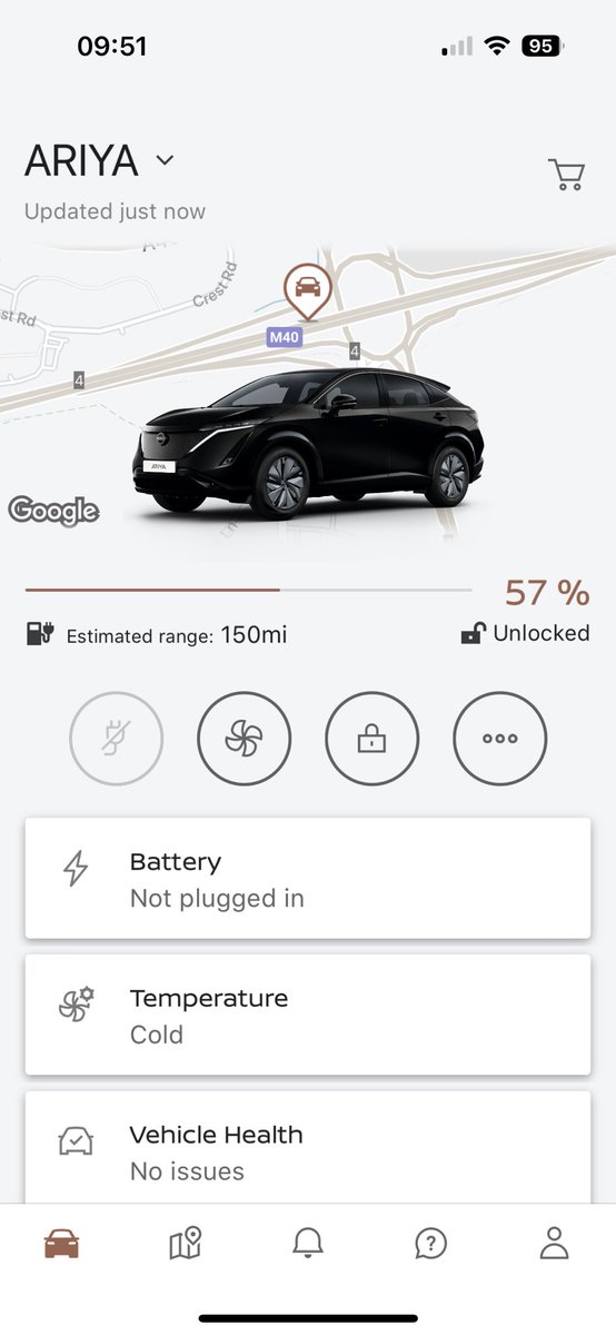 JonDc82's tweet photo. Our car is parked outside our house, yet the terrible Nissan Connect app still thinks we’re on the M40 from yesterday. What’s going on @NissanUK This is a recurring issue 😳 https://t.co/2AUM97mIfM