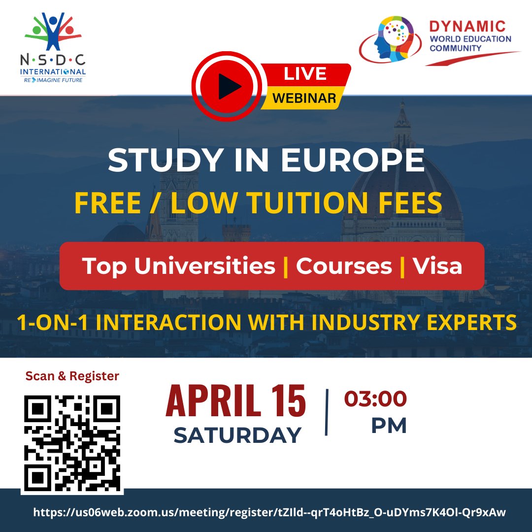 NSDCIndia's tweet photo. Aspire for an International Degree/Diploma? Do you know that you can study in EUROPE for ZERO FEE?
Find out more in the Online Session on 15th April.
Register Today!
https://t.co/wrTKMdzCfN
#NSDCI #DynamicWorldEducationCommunity #Globaleducation4all #GlobalUniversities https://t.co/30gGsY1LMG