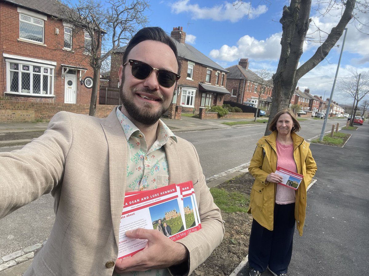 LukeHenman's tweet photo. Beautiful day in #Acklam today. A few #voteLabour starting to appear too. Thanks to my mam for helping us get our leaflet out! Enjoy the bank holiday! https://t.co/KULX9mT5A0