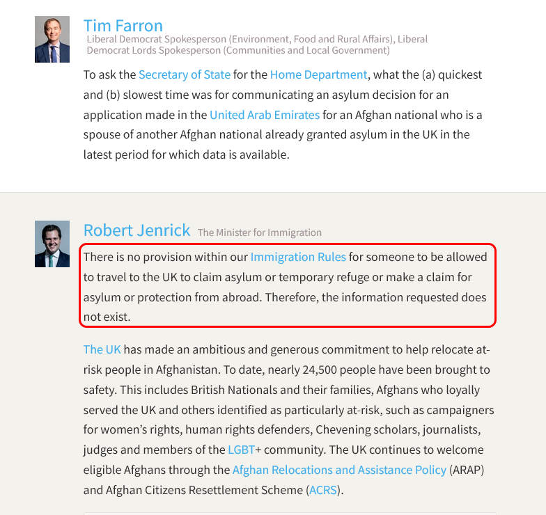 Two key facts have come to light over the Easter recess concerning asylum seekers...

1. Robert Jenrick admitted there are no legal routes for asylum seekers to request asylum in the UK from outside the UK, nor to come to the UK in order to claim asylum.
theyworkforyou.com/wrans/?id=2023…