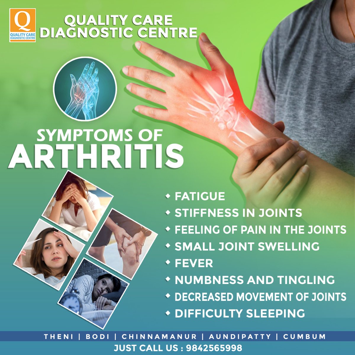 Symptoms of ARTHRITIS👇

#qualitycarediagnosticcentretheni #arthritissymptoms #thyroidtest #bloodtest #diabetics #risklevelofdiabetics #diabeticstreatment #LiverFunctionTest #bloodtesting #samplecollection #medicallab #homebloodtest #theni #specializedlab #diagnosticcentre