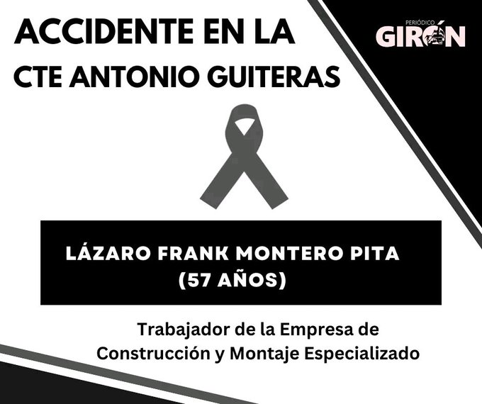 AlexLiduan's tweet photo. Sentido dolor en toda #Cuba tras el colapso en la chimenea de la CTE Guiteras en #Matanzas.
Acompañamos en el dolor a la familia, amigos y colegas de Lázaro Frank Montero Pita, obrero fallecido tras este lamentable siniestro.
#ElCorazónEnMatanzas https://t.co/pa5LiP23sF