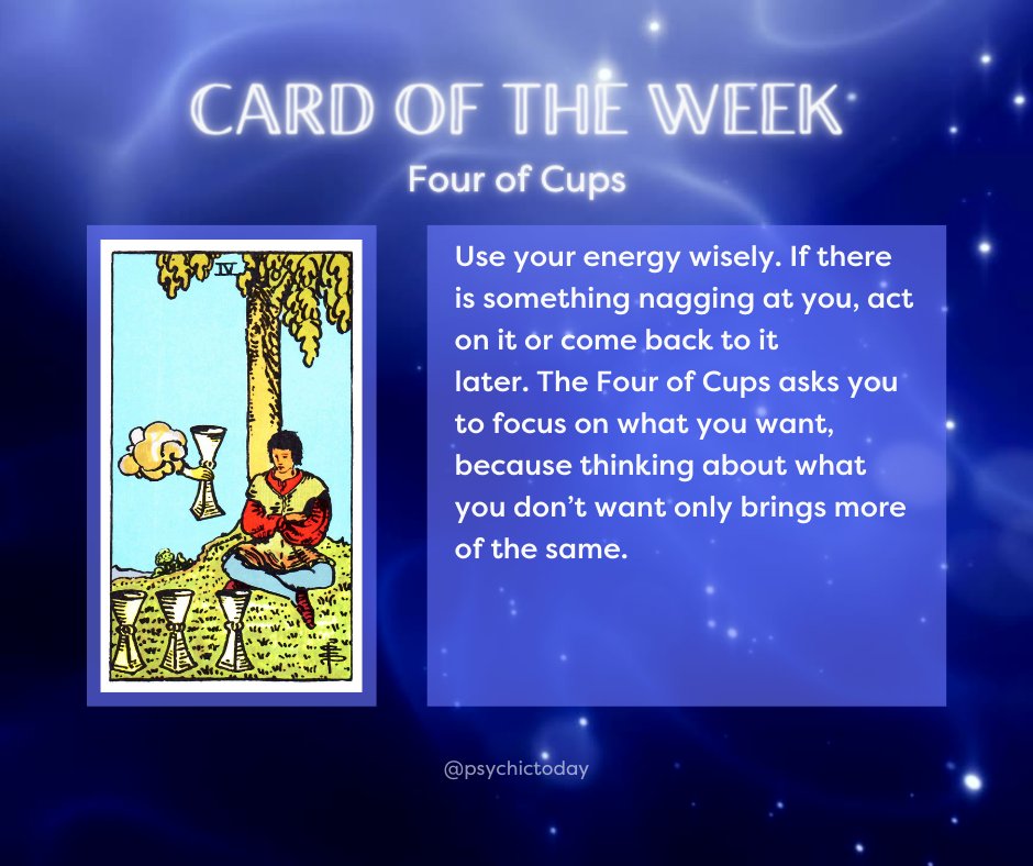 PsychicToday's tweet image. This week Dani Star has pulled the Four of Cups ✨ Are you ready to focus on what you want? 

Does this reading resonate with you? Let us know in the comments. 

#tarotreading #weeklytarot #tarotpull #onlinepsychic