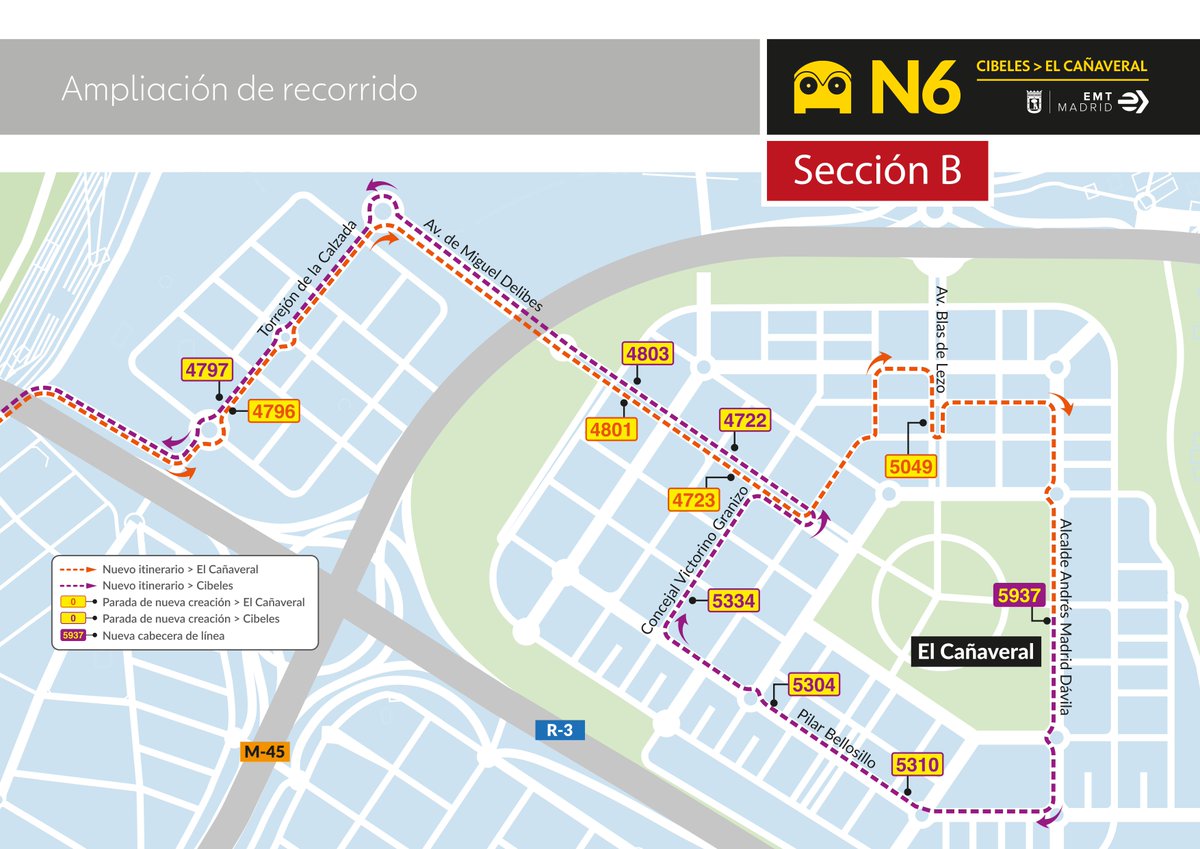 El búho N6 <a href="/EMTmadrid/">EMT Madrid</a> amplía su itinerario hasta #ElCañaveral en #Vicálvaro.
Selecciona en el desplegable la línea nocturna N6 para ver las paradas 👉 emtmadrid.es/aplicaciones/I…

<a href="/EMTincidencias/">EMT Incidencias</a>