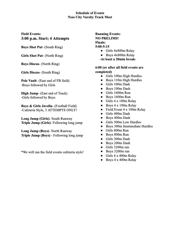 Order of events for the Ness City Invitational on April 11, 2023.