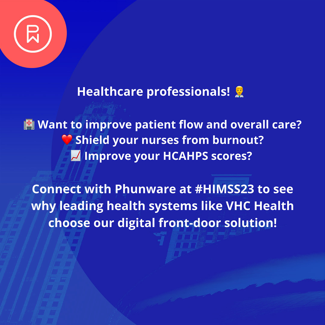 Healthcare professionals! 👨‍⚕️ Want to improve patient flow and overall care? Shield your nurses from burnout and improve  HCAHPS scores? Connect with @Phunware at #HIMSS23 to see why leading health systems choose our digital front door solution!
bit.ly/3Mq1baW