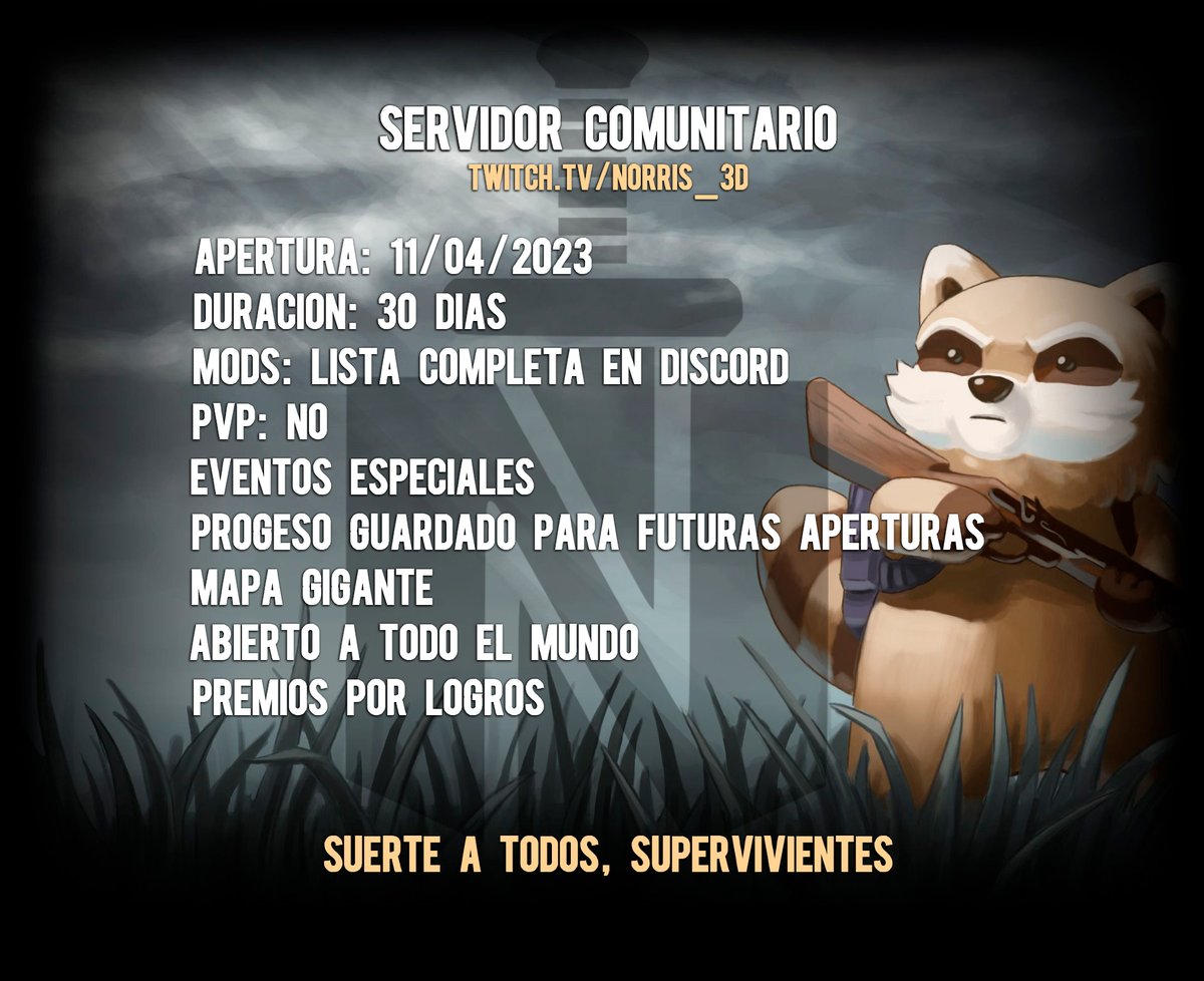 Mañana empieza lo bueno, abrimos servidor de #ProjectZomboid de larga duración.

#SORTEO 3 copias del juego próximo domingo 16 :
👉 RT + Like + follow en twitch.tv/Norris_3d .