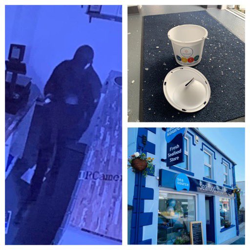 Our shop had an unwelcome visitor last night. Around 11:10pm the person in black broke in before making off with cash. They also emptied the #MourneFirstResponders Charity bucket. Hard earned money. Stealing from a charity. Anyone with information contact @PoliceServiceNI