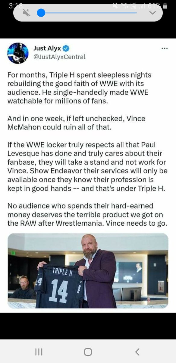 d4ff033e883743d's tweet photo. I actually agree with this post as HHH being in charge was best for business as he made @WWE watch able again and since vince came back he has made a bigger mess than the one he left n he needs to go as vince just cares about money #WWE #HHH #VinceNeedsToGo #FireVince https://t.co/g4TRCgv99K