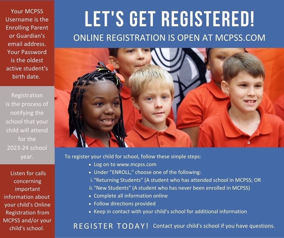 Parents and guardians, the online registration portal is open for the 2023-24 school year. All new and returning students must register online. To register, click here: mcpss.com/registration #BeEXTRAordinary #LearningLeading