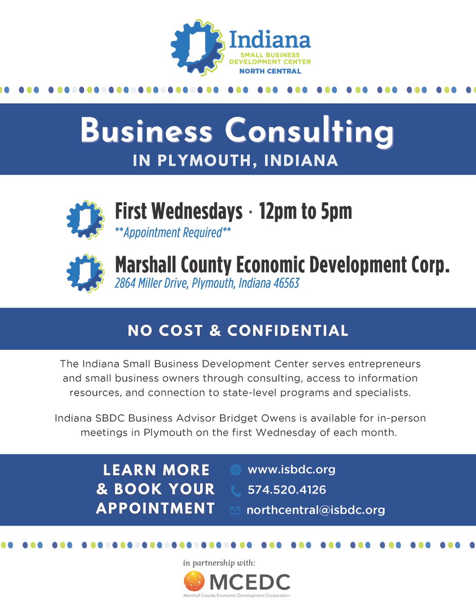MarshallCtyEDC's tweet photo. Private Business Consulting the First Wednesday of each month from noon to 5 p.m.
Indiana SBDC Business Advisor Bridget Owens will visit the MCEDC Office. https://t.co/2k0PAWCBr6