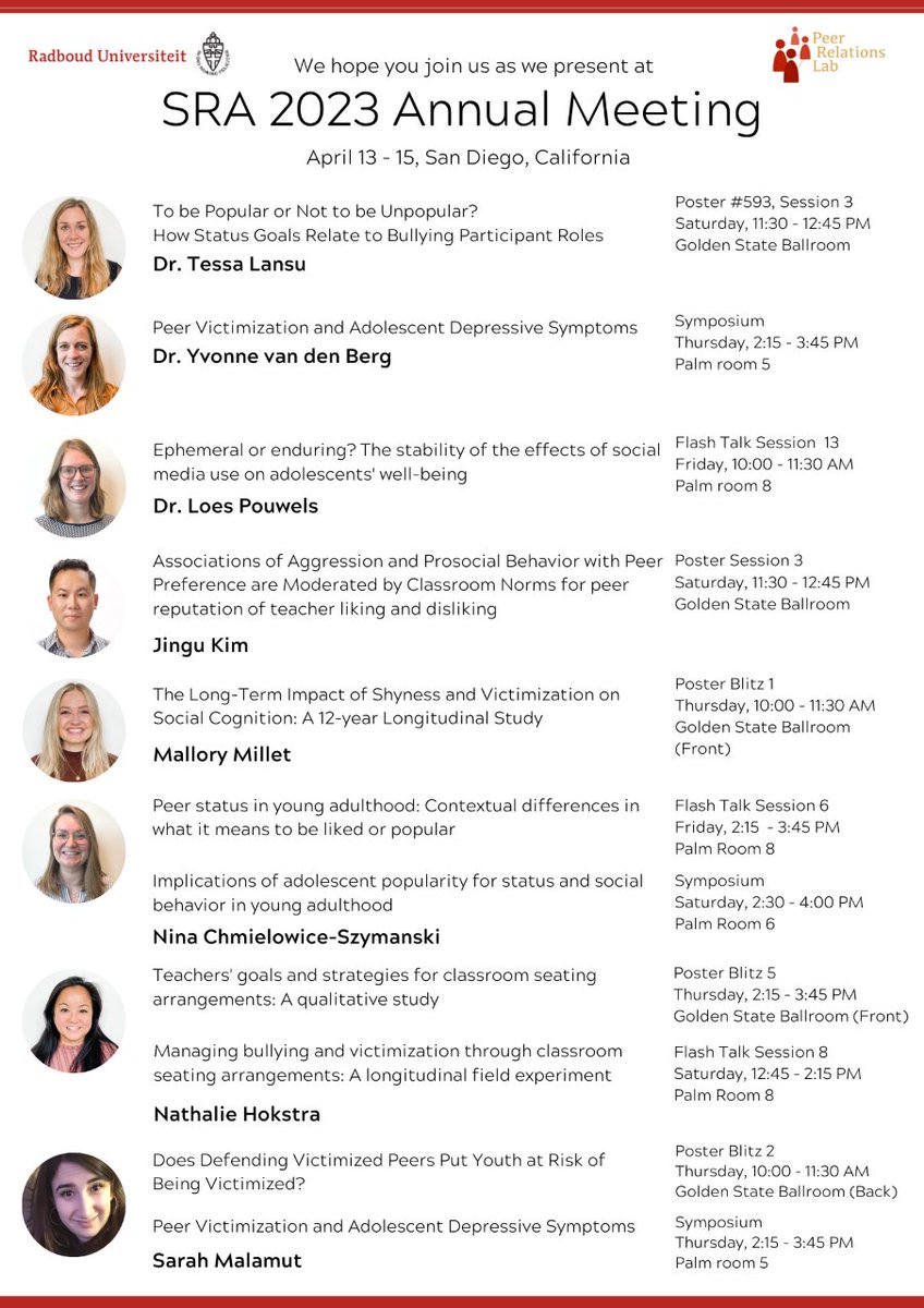 PeerLabRU's tweet photo. This week, a number of the Peer Relations Lab group members are in San Diego for the @SRAdolescence conference! Here is an overview of our attending members and their presentation topics. We hope to see you there! https://t.co/FAuC5PJBCf