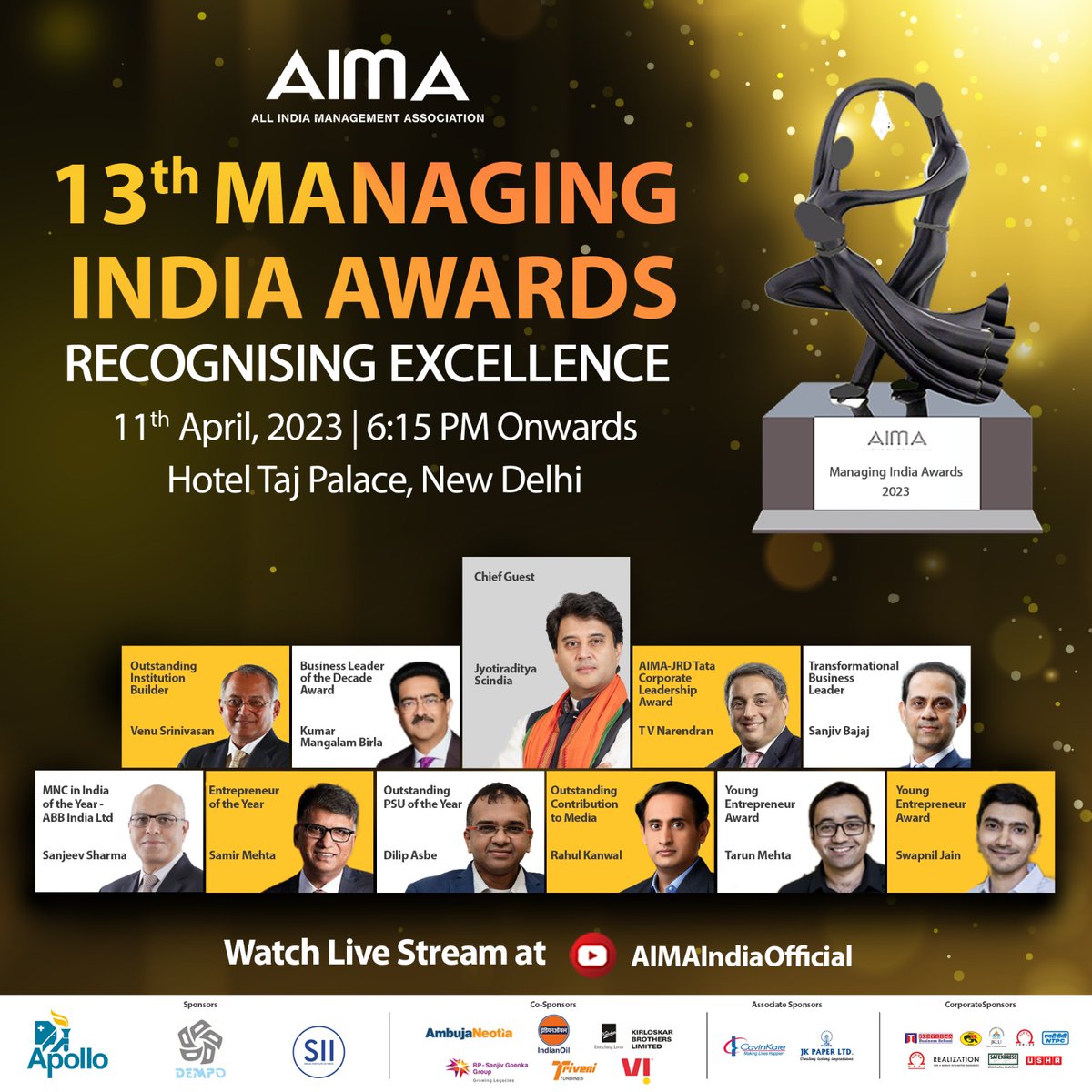 Join us in applauding the winners of the 13th Managing India Awards on 11th April at Hotel Taj Palace, New Delhi.
Chief Guest- @JM_Scindia
Awardees- @sanjivrbajaj; #TVNarendran; @rahulkanwal #KumarMangalamBirla; @ntpclimited & more.

#ManagingIndiaAwards #MIA2023