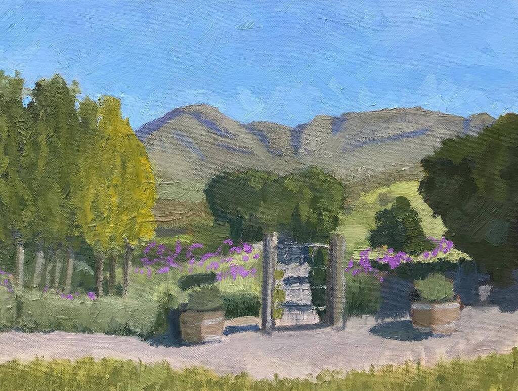 tracyalgar's tweet photo. It’s Monday and time to get ready for the Baardskeerdersbos Art Route this coming weekend. 
Finishing touches and framing today. 
The first pic is the view over the kitchen garden at @zestylemon2020 Second pic is St Thomas Church in progress. Third pic i… https://t.co/urtXm0z1PM https://t.co/i9mlSJftI1
