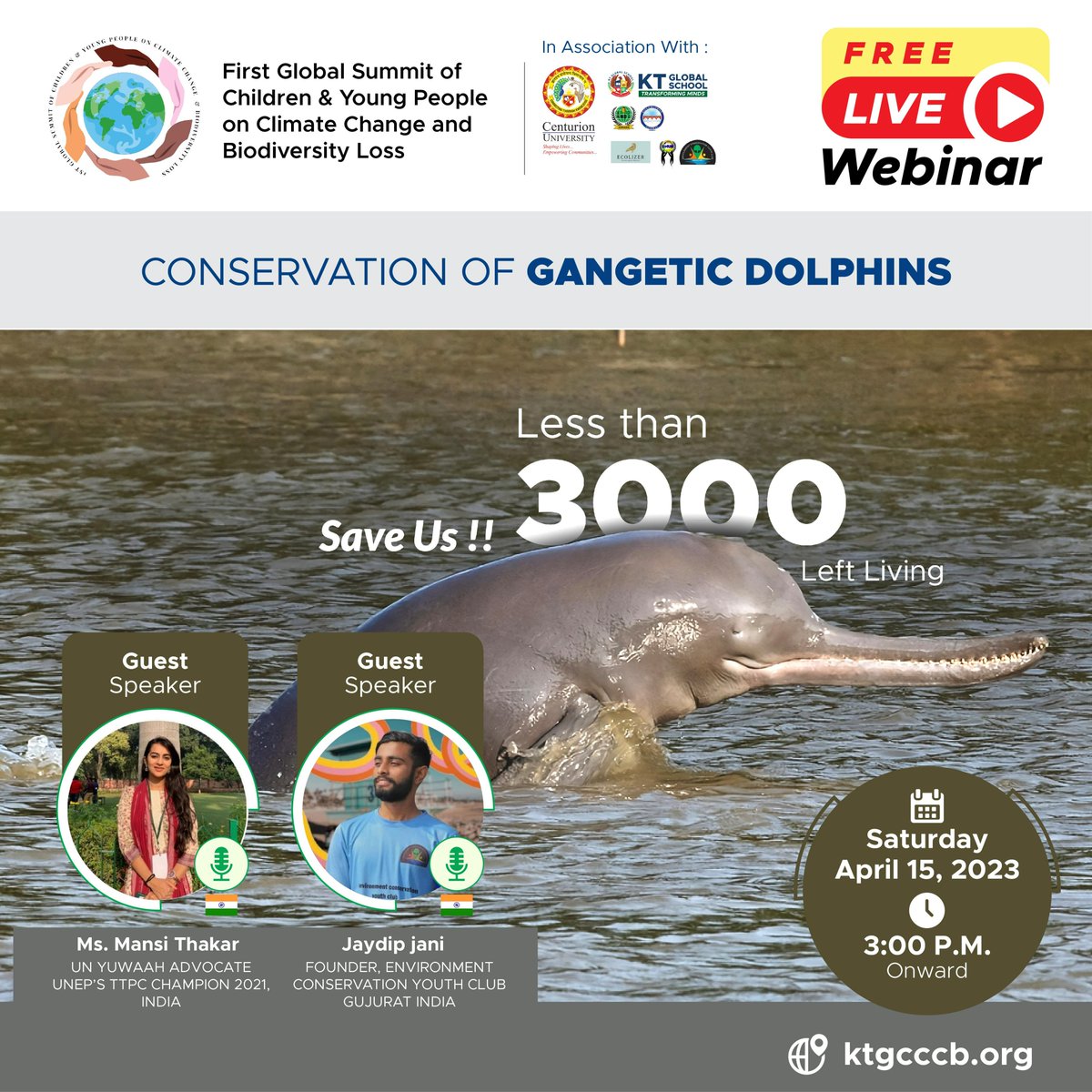 GlobalSummit23's tweet photo. Join us for this week's Live Webinar with Ms. Mansi Thakar &amp; Jaydip Jani.

Learn about the Conservation Of Gangetic Dolphins. 

Register now on our website at https://t.co/UEOBnHsRmb

#Conservation #GangeticDolphin #Webinar #Wildlife #Biodiversity #YouthClimateSummit https://t.co/fBNTpfj0cC