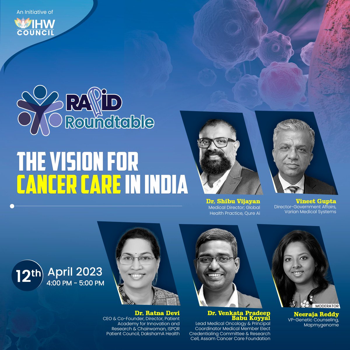 Health for all can’t be achieved without addressing the burden of #Cancer in the country! Meet the speakers of our #RapidRoundtable coming to shed light on the “Vision for cancer care in India on 12th April, 4 PM!
Watch LIVE👉 fb.me/e/2pK0YCqVq

@mapmygenome #WorldHealthDay