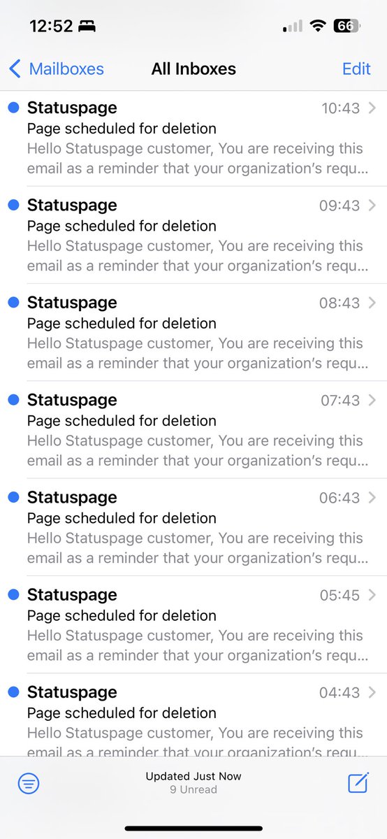 ProbsRhys's tweet photo. @Statuspage who would schedule the email to be sent hourly? 💀 https://t.co/yJvNwfxO4t