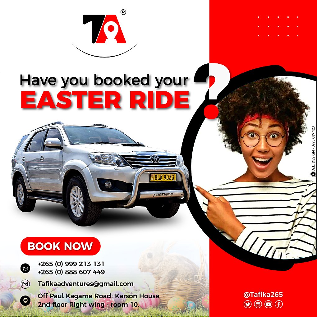 Tafika265's tweet photo. Contact us today to rent your car and make your Easter holiday unforgettable. With our wide range of cars and flexible rental options, we're sure to have something that suits your needs.

#TafikaAdventures #EasterHoliday #CarRental #TravelWithFamily #DreamCarRentals https://t.co/mIO4BD8SQd
