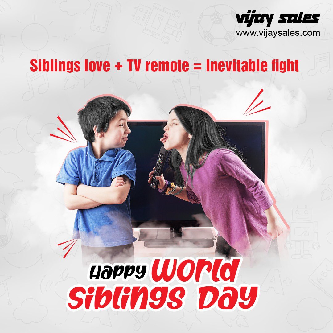 VijaySales's tweet photo. Siblings may drive each other crazy sometimes, but the bond between them is unbreakable. Happy Siblings Day!

#VijaySales #SiblingBonding #BrotherVsSister #SiblingRivalry #RemoteControlWarfare #TVTimeTroubles #RemoteControlWars #SiblingSquabbles https://t.co/LVqeJKadoS