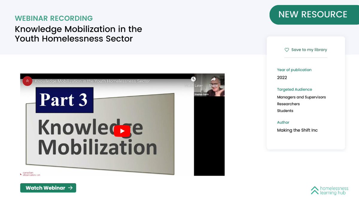 NEW RESOURCE: In this webinar, @SteveGaetz President & CEO of @COHomelessness shares approaches to knowledge mobilization aimed at shifting our collective response from emergency services towards preventing and ending #YouthHomelessness.

WATCH: bit.ly/3ZqU9W0