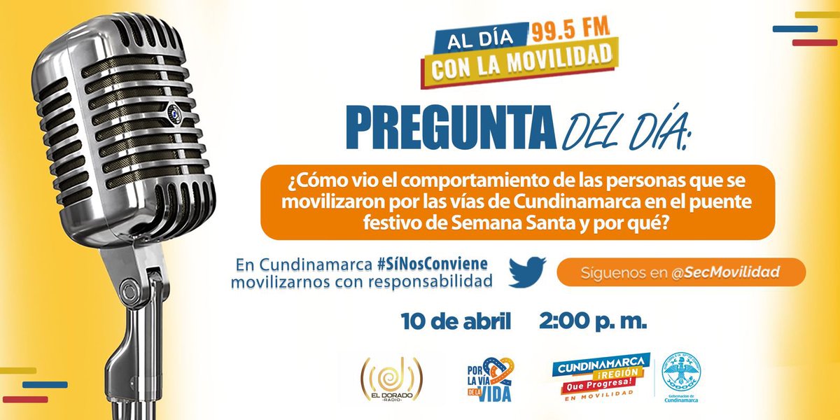 ElDoradoRadioCo's tweet photo. #PreguntaDelDía de @SecMovilidad y su programa #AlDíaConLaMovilidad es ¿Cómo vio el comportamiento de las personas que se movilizaron por las vías de #Cund en el puente festivo de Semana Santa y por qué?
Escúchenos en los 99.5 FM o conéctese vía #FacebookLive en @ElDoradoRadioCo https://t.co/J1PQHKihgr