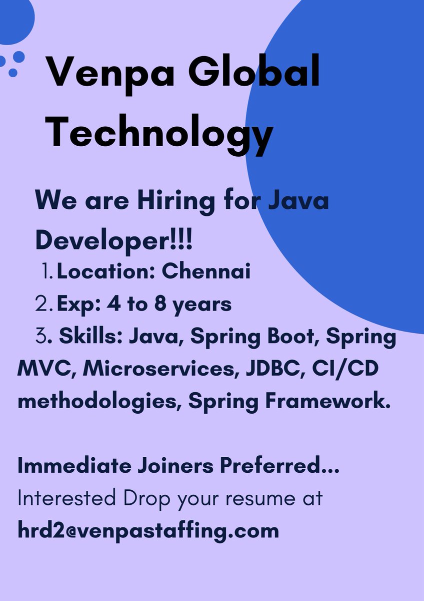 Looking for a Java Developer.

#HIRINGNOW #Java #Springframework #Springboot #Chennaihiring #Javahiring #Java_Hiring