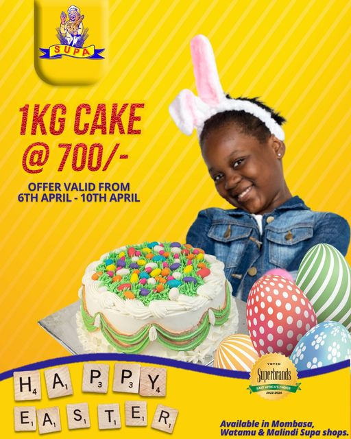 SupaLoafOffcl's tweet photo. Indulge in a sweet treat this Easter Monday! Don't miss out on our last-day cake offer at our Supa Shops. Hurry and satisfy your cravings while stocks last.
For orders or inquiries: 0786 808 002
#EasterOffer #1kgFor700 #supashops #Mombasa #Likoni #Kisauni #Malindi #Watamu https://t.co/d3sbXrcEot