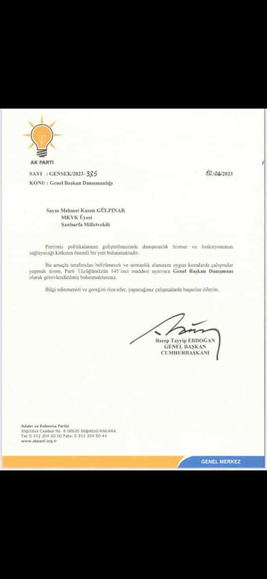 AB Uyum Başkanı MKYK Üyemiz Milletvekilimiz Sn.M.Kasım GÜLPINAR Akparti Genel Başkanı Sn.Cumhurbaşkanımız <a href="/RTErdogan/">Recep Tayyip Erdoğan</a>’ın Danışmanı olarak atanmasından dolayı kendisini tebrik eder ,başarılar dilerim.