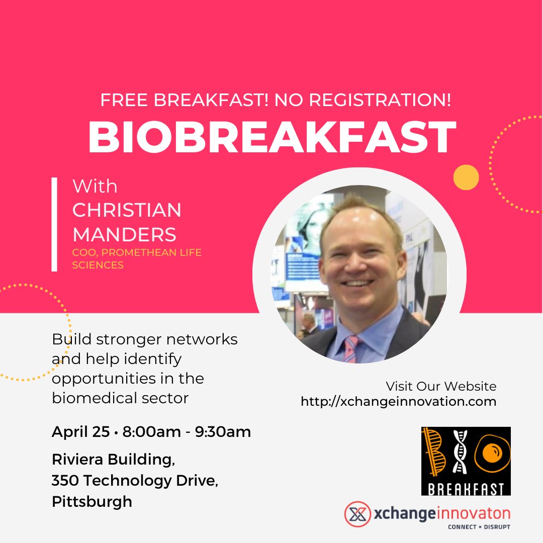 Excited for this special #Biobreakfast event on April 25th! Join us to learn, network &amp; and identify opportunities in the our region's burgeoning life sciences community. 

Learn more at xchangeinnovation.com 
#Pittsburgh #LifeSciences #XchangePgh #XIW23