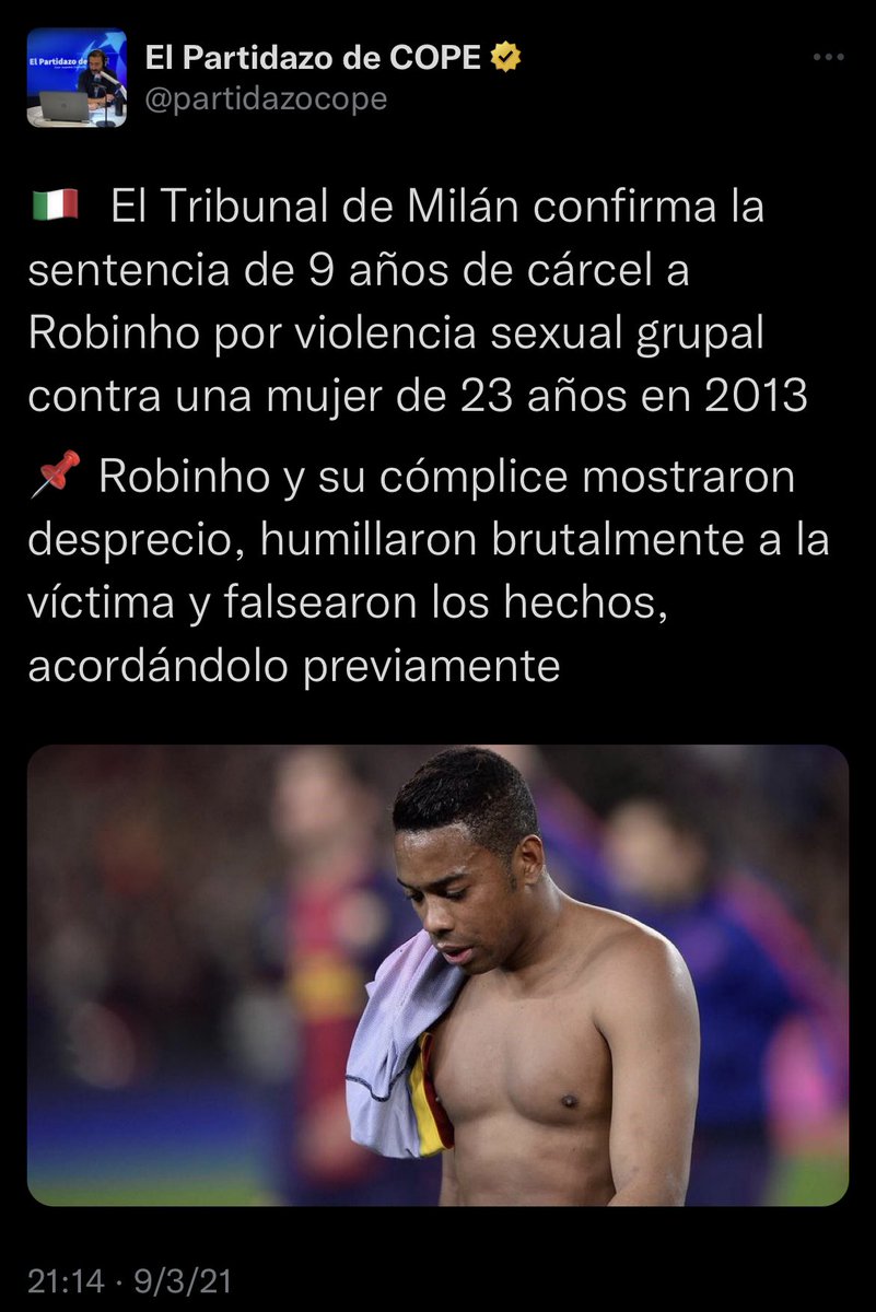 Qué es la maquinaria mediática? esto de 2021 lo escenifica muy bien. Robinho es condenado y la foto elegida, por lo que sea, es con la cami del Barça a cuestas. Por lo que sea