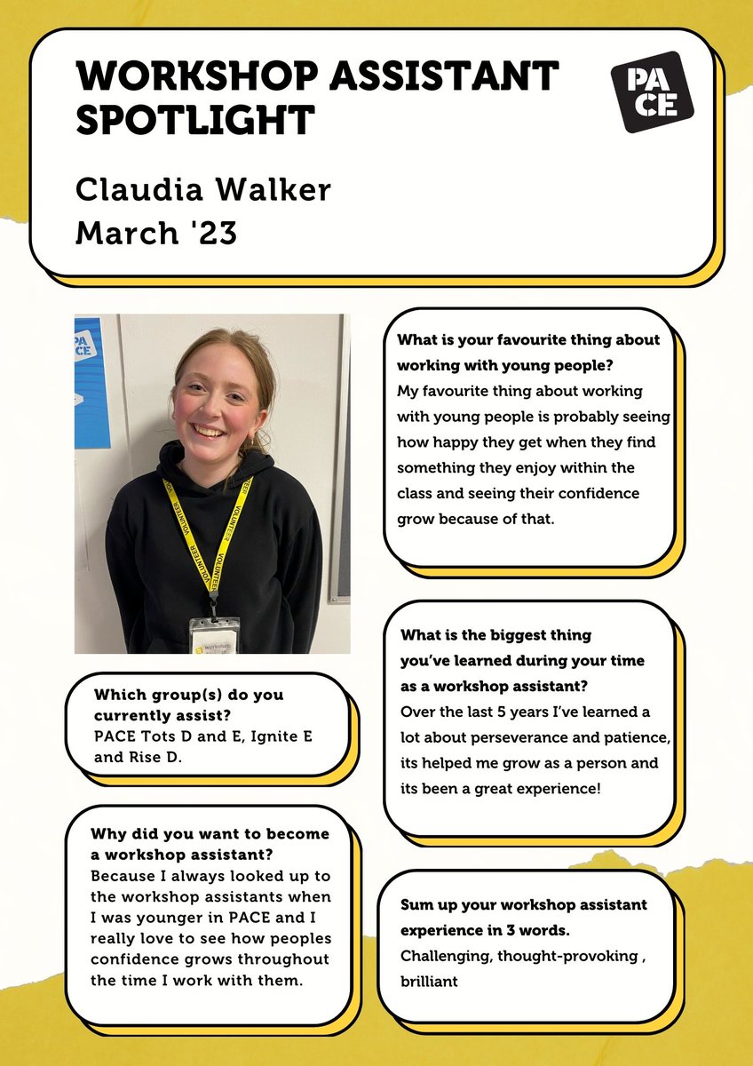 pace_yt's tweet photo. At PACE we run a volunteer programme for workshop assistants who support our team of Drama Tutors and are an integral part of our youth theatre. We want to shine a light on those who give up their time to help, so every month we feature 2 of the team and share a bit about them! https://t.co/wuO7ZwDgPn