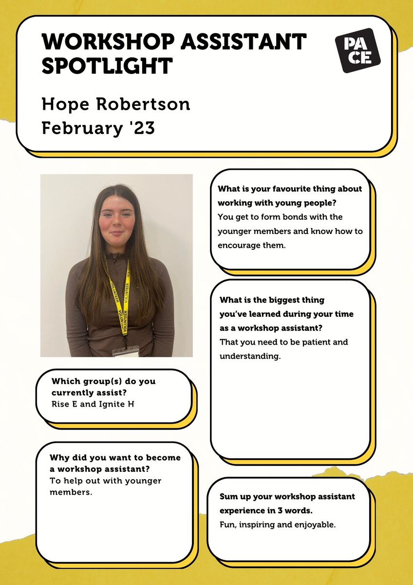 pace_yt's tweet photo. At PACE we run a volunteer programme for workshop assistants who support our team of Drama Tutors and are an integral part of our youth theatre. We want to shine a light on those who give up their time to help, so every month we feature 2 of the team and share a bit about them! https://t.co/wuO7ZwDgPn